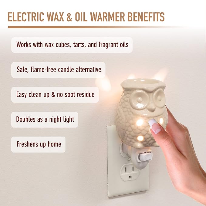 Owl Plug-in Fragrance Wax Melt Warmers (2Pk)- Electric Scented Candle Tart Warmer w 4 Cinnamon Cubes- Halogen Bulb Melts Wax & Fills Room w Fresh Scents & Night Light Glow- Holiday Xmas Must Have Gift