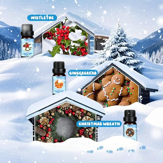 WUSEONY Winter Essential Oil for Diffusers Home, Holiday Fragrance Oils Set, Scented Oil Gift Set for Candle Soap Making - Christmas Wreath, Gingerbread, Mistletoe, Peppermint, Cinnamon, Hot Chocolate