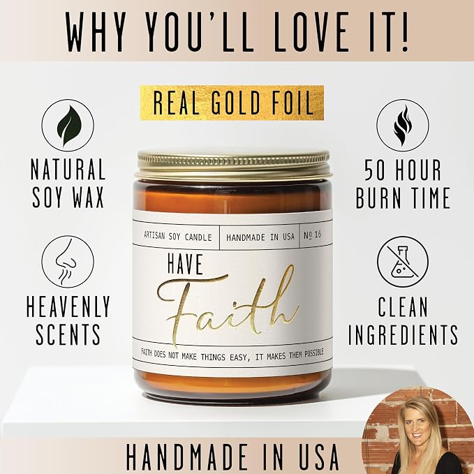 Christian Gifts for Women, Religious Gifts for Women - 'Have Faith' Candle, w/Lily of The Valley & Lavender I Spiritual Gift I Catholic Gift I 50Hr Burn, Made in The USA