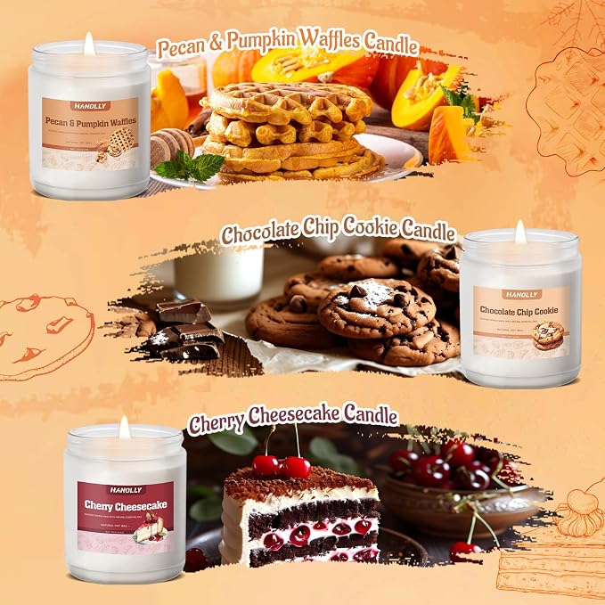 Bakery Candles Set, 6 Pack Fall Winter Candles for Home Scented, Candle Gift Set,Soy Wax Long Lasting Jar Candle of Pumpkin Pie, Coffee Cake,Gingerbread,Chocolate Cookie,Cherry Cheesecake Aromatherapy