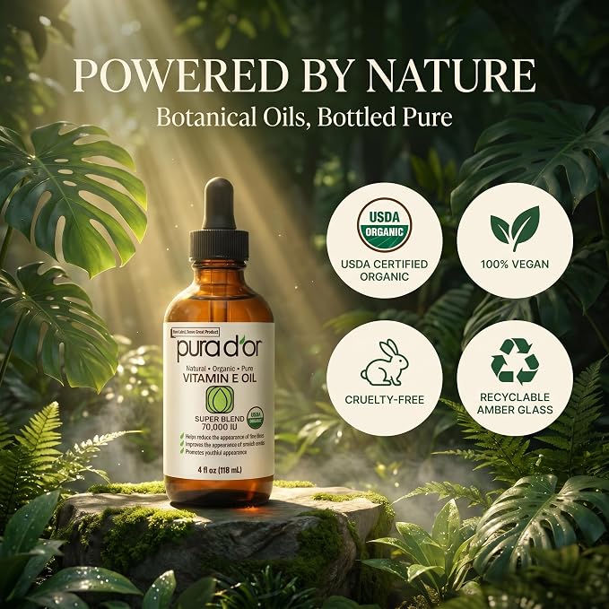 PURA D'OR 4 Oz Organic Vitamin E Oil 70,000 IU, USDA Certified Ayurvedic Skin Care, Face, Body w/Argan, Jojoba, Rosehip, Apricot, Almond & Avocado, Lightweight Moisturizer for Soft, Smooth Skin