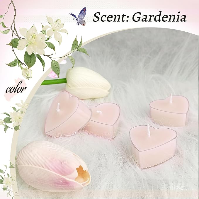Gardenia Scented Heart Tealight Candles, Pink Scent Tea Lights Candles Clear Cup, 24 Pack Colored Tealights Candle, 4 Hour Burn Time Tea Candles for Weddings Romantic Valentine's Day Decor