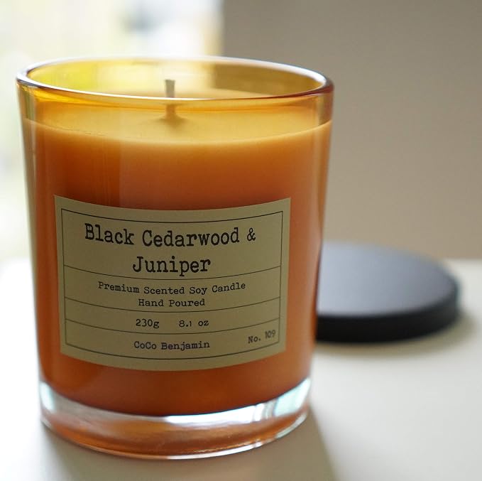 100% Natural Soy Wax Candle by CoCo Benjamin - Highly Scented & Hand-Poured Luxury Candle (Black Cedarwood & Juniper) - Clean Burning Cotton Wick