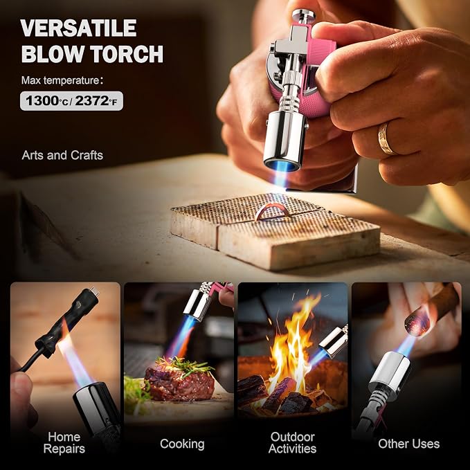 RAVS Butane Torch, Premium Metal Pink Torch Lighter with Adjustable Flame & Safety Buckle, Food Torch for Baking, BBQ, Desserts, Unique Gifts for Women, Butane Fuel Not Included