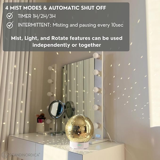 Disco Ball Diffuser Rotating - 300 ML Mirror Ball Oil Diffuser, Essential Oils Diffusers for Home, Novelty Mirrorball Ultrasonic Diffuser for Bedroom | Aromatherapy Diffuser for Large Room Gold