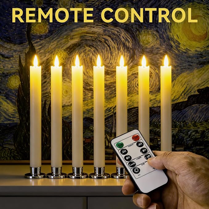 Flameless Taper Candles 9.9 Inch Battery Operated – 6 Pack Beige Realistic Flickering Flame Remote Control Dimmable LED Candles with Timer for Chandelier Candelabra Wedding Holiday Decor