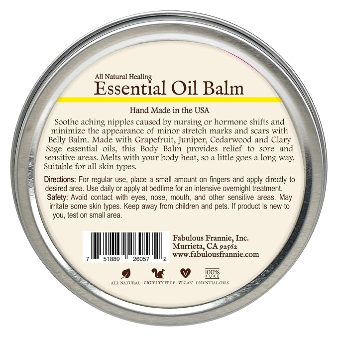 Fabulous Frannie Belly All Natural Essential Oil Healing Balm made with Sunflower Oil, Coconut Oil, Shea Butter, Beeswax, Soy Wax, Aloe Vera and Pure Essential Oils 3.5oz Tin