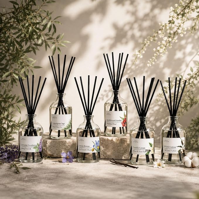 Reed Diffuser Set for Bathroom & Home, Long Lasting Essential Oil Aroma, Glass Bottle Home Fragrance with Sticks, Ideal Gift for Woman