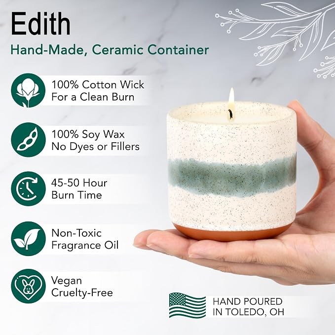 The Growing Candle, Unscented Fragrance Free Candles, 8.5oz Ceramic Pot, 100% Soy, Edith