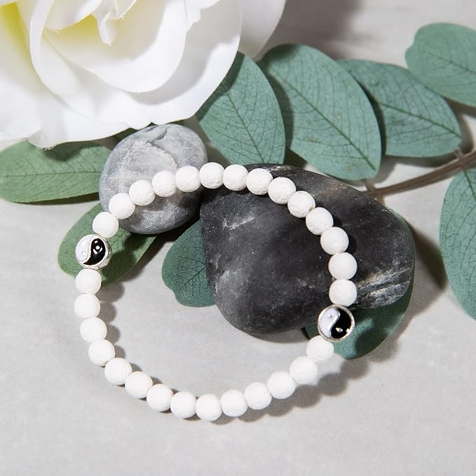 Wild Essentials 2 Bracelet Set, Yin Yang Lava Stones, White, Black, Expandable up to 8 inches, Aromatherapy Jewelry for Women, Men, Best Friends, His and Hers, Essential Oil Diffuser, Grounding Calm