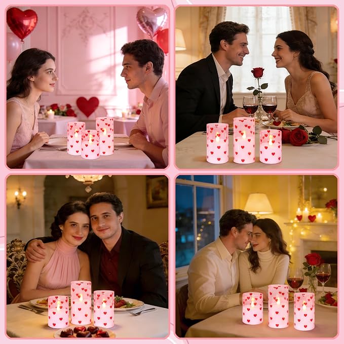 Love Flameless Candles with Remote Timer, Glass Battery Operated Candles, Pink Spray-Painted Heart LED Candles for Home Party Wedding Valentine's Day Decor Set of 3