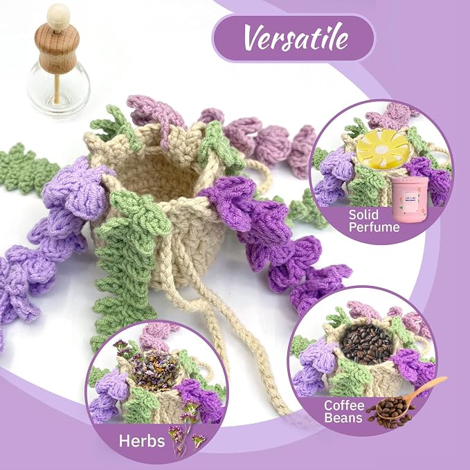 Crochet Car Air Freshener, 15ml Empty Refillable Oil Diffuser Bottle with Crochet Violet Hanging Plant for Car Rearview Mirror Decor, Handmade Home&Office Decor