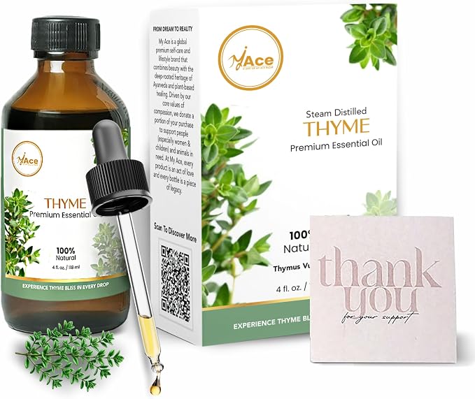 My ACE Thyme Essential Oil 4 Fl Oz - 100% Pure & Natural - Premium Grade for Aromatherapy, Diffuser, Skin, Hair, Massage, Candle & Soap Making, Home - Glass Bottle with Dropper - Long Lasting Scent