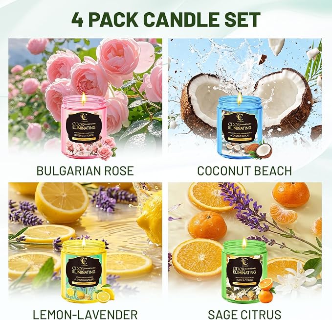 4 Pack Odor Eliminating Candles Set for Pet Smoke, Scented Candles for Home Decor Non Toxic Soy Wax Candle for Relaxing Stress Relief Women Men, 50 Hours Burning Time, House Warming Gifts for Host