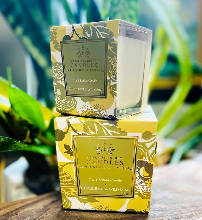 Lotion Candle - Citrus Basil & Wild Mint Scented Massage Candles for Self Care, 10 Oz. Soy Wax Candle with Essential Oil Blends, Coconut Oil, and Vitamin E, 55 Hour Burn Time