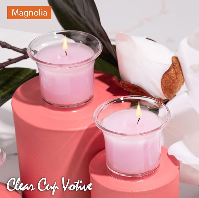 HYOOLA Clear Cup Scented Votive Candles - Magnolia - 12 Hour Burn Time - 4 Pack - European Made