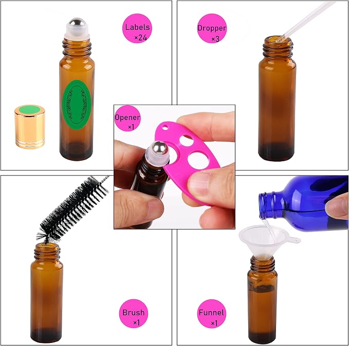 inice 24 Pack Roller Bottles for Essential Oils, Amber Galss 10ml Roll On Bottle with Stainless Steel Roller Balls and Metal Caps