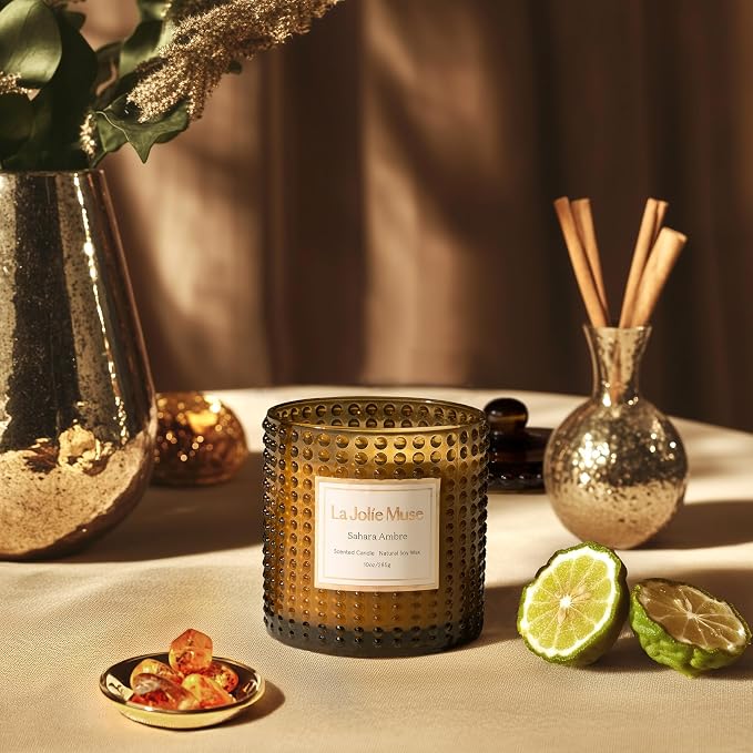 LA JOLIE MUSE Sahara Amber Scented Candles for Home, Natural Soy Wax 55 Hrs | Luxury Brown Jar Candle, Clean Non Toxic, Gift for Women & Men, Decorative Candles, Pretty Candle, Bergamot, Musk & Patchouli
