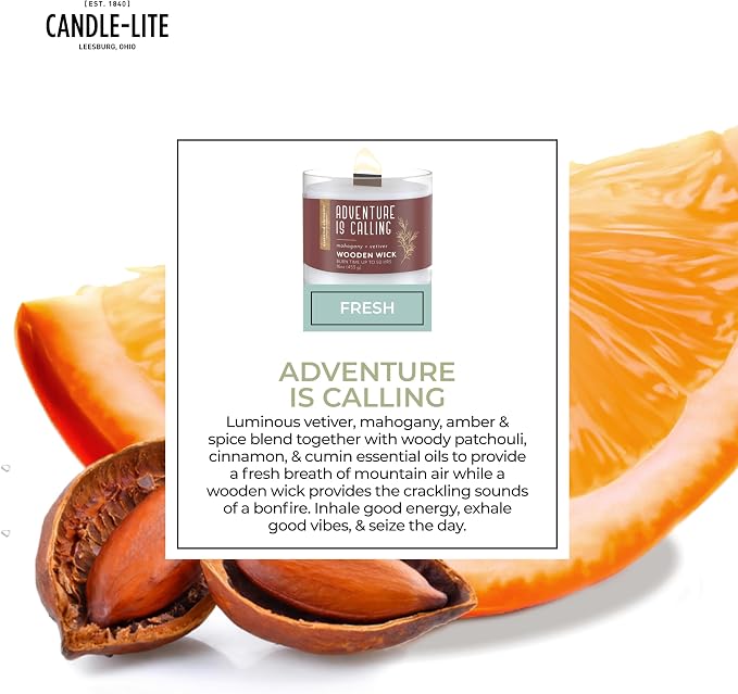Candle-lite Essential Elements Scented Candles, Adventure is Calling, 16 oz Jar, Proudly Poured in The USA, Aromatherapy, Single-Wick with 50 Hours Burn Time, Perfect for Creating a Relaxing Ambiance