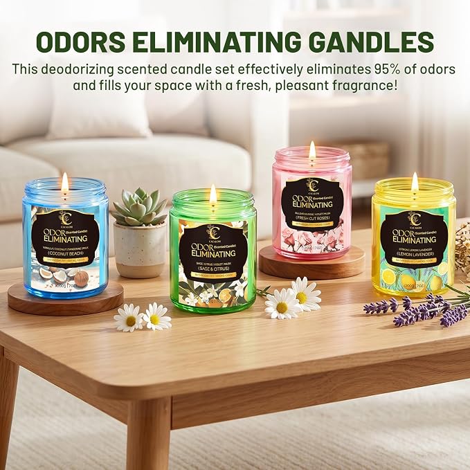 4 Pack Odor Eliminating Candles Set for Pet Smoke, Scented Candles for Home Decor Non Toxic Soy Wax Candle for Relaxing Stress Relief Women Men, 50 Hours Burning Time, House Warming Gifts for Host
