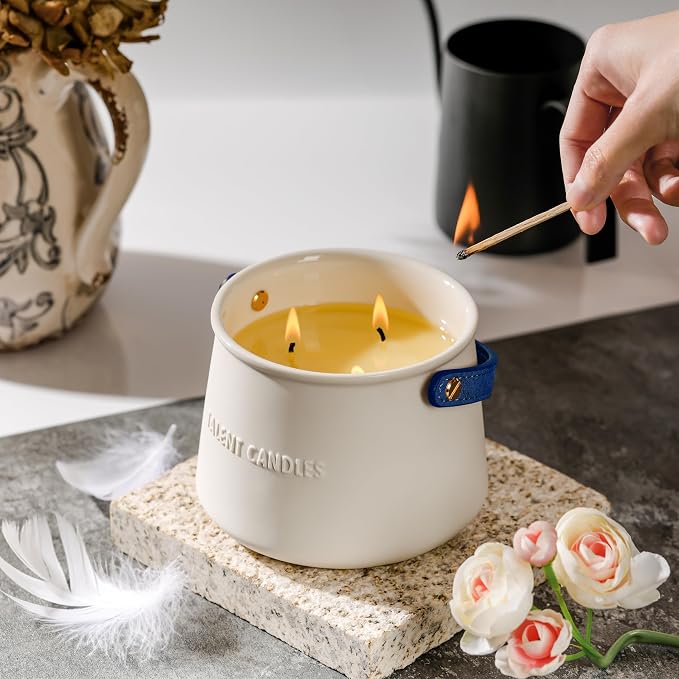 Scented Candles Ceramics Cup Handheld 3 Wicks Natural Soy Wax Candles Gifts for Women & Men (Summer Night)