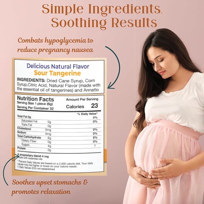 Preggie Drops Pregnancy Nausea Lozenges with Essential Oils, Morning Queasiness Lozenges for Pregnant Women, Natural Sour Tangerine Drops Pack, 32 Count