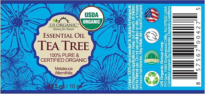 US Organic 100% Pure Tea Tree Essential Oil, Steam Distilled, USDA Certified Organic, for Hair, Skin, Scalp, Foot, Toenails, and More. Sourced from South Africa, Undiluted, Non-GMO (10 ml, 2 Pack)