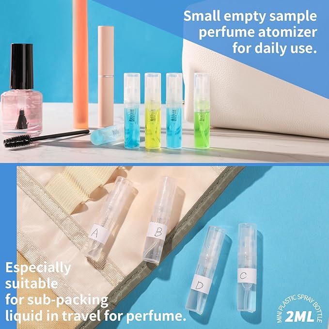 Fandamei Mini Spray Bottle, 60PCS 2ml Mini Clear Plastic Spray Bottle Empty, Fine Mist Refillable Mini Perfume Bottle. Small Empty Sample Containers Bottle. 2ml, 60 Pack, Clear, FANL-093