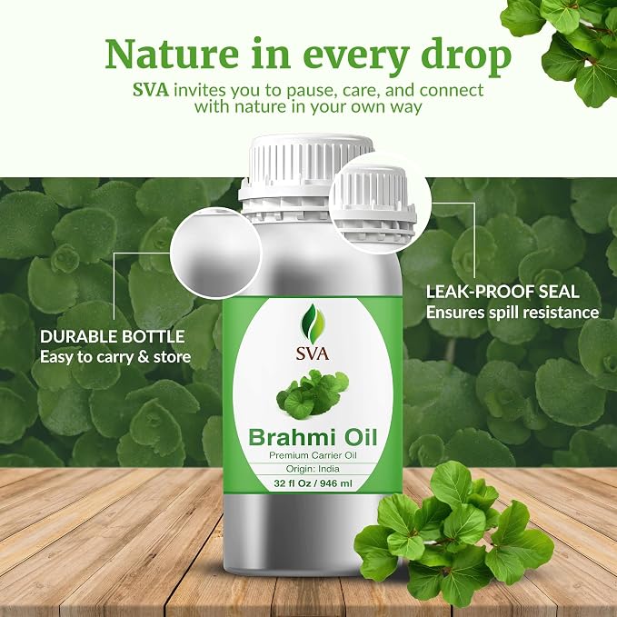 SVA Brahmi Oil - 32 Fl Oz – 100% Natural Cold Pressed Brahmi Oil - for Face, Skin Care, Hair Care, Scalp Massage & Body Massage – Carrier Oil