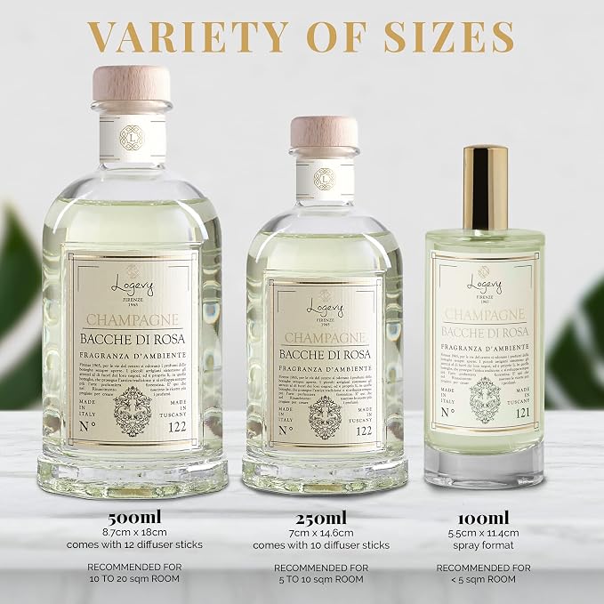 Logevy Firenze 1965 Champagne e Bacche di Rosa – Champagne and Rose Berries Luxury Home Fragrance Diffuser with Floral & Fruity Notes in Elegant Glass Bottle with 10 Natural Bamboo Reeds – 250ml