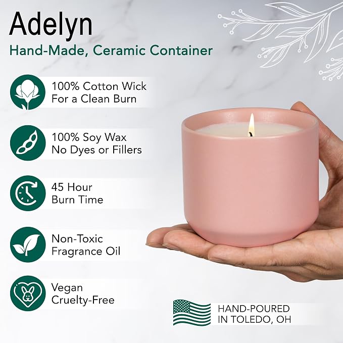 The Growing Candle, Unscented Fragrance Free Candles, 8oz Ceramic Pot, 100% Soy, Adelyn