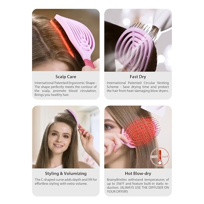 NuWay® C Brush® Scalp Care Detangling Hair Brush – Gentle Scalp Massage & Easy Detangling for Wet or Dry Hair, Everyday Hairbrush for Healthy Looking Hair (Pink Petal)