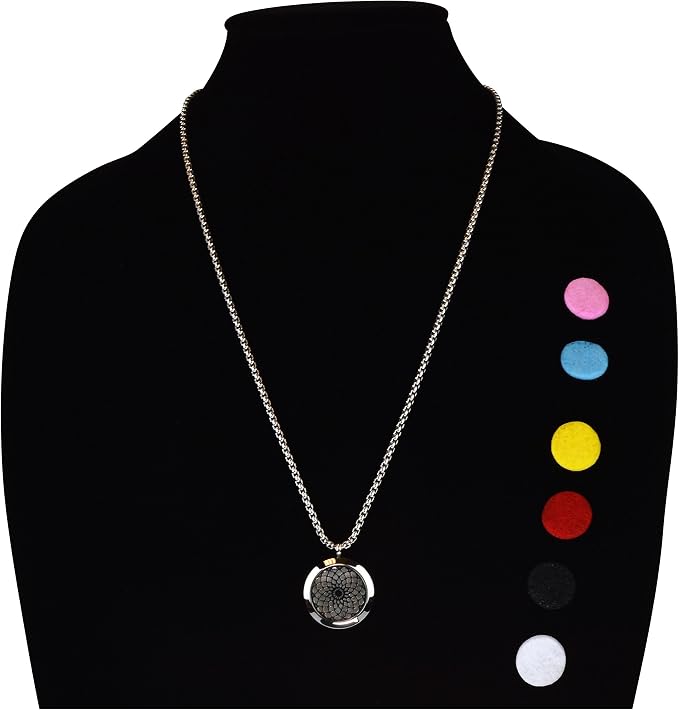 Wild Essentials Sun Mandala Essential Oil Diffuser Necklace, Stainless Steel Locket Pendant with 24 inch Chain, 12 Color Refill Pads, Customizable Color Changing Perfume Jewelry for Aromatherapy