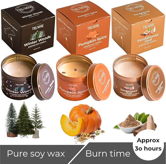 Winter Woods, Pumpkin Spice, Sandalwood Oud - Soy Candles Non Toxic - Highly Scented Long Lasting with Essential Oils - Variety Pack of 3 x 5oz - for Home Aromatherapy Meditation Gift Travel
