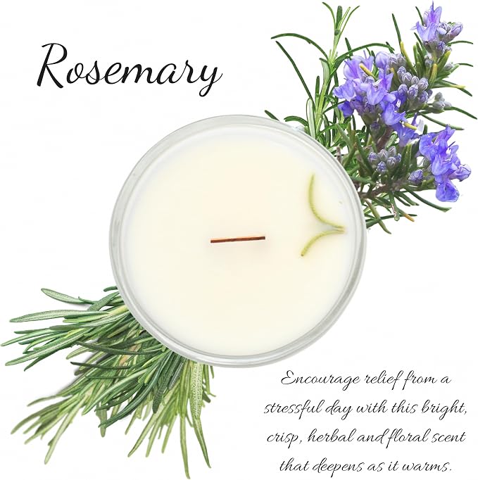 Rosemary Scented Essential Oil Tealight Candle Gift Set of 3, Hand Crafted Soy Wax Candles Wooden Wick Dried Flowers, 12 Hour Burn Time, Natural Aromatherapy Glass Cup Tea Lights by Lathered Artisan