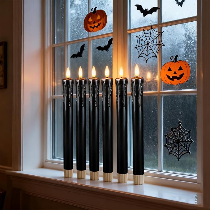 Lezonic Black Flameless Taper Candles Battery Operated with Remote, Long LED Candlesticks Flickering Real Wax Set of 6, 9.5 inch Battery Candles with Realistic 3D Flame for Halloween