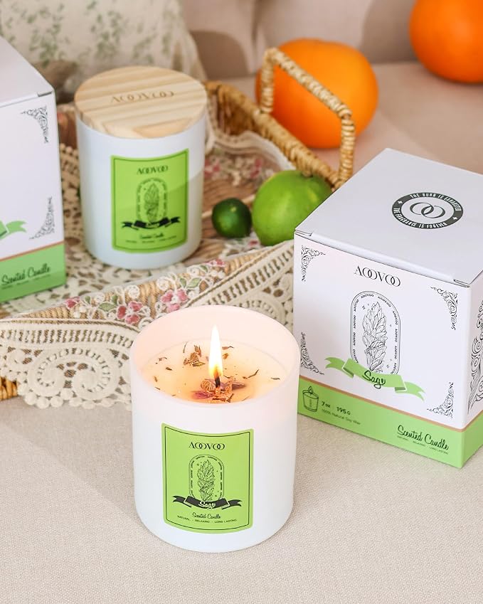 AOOVOO Sage Scented Candles for Women - Aromatherapy Candle with Crystals Inside, 10oz Soy Candles for Home Scented, Birthday Gifts Valentines Day Candle for Women Mom