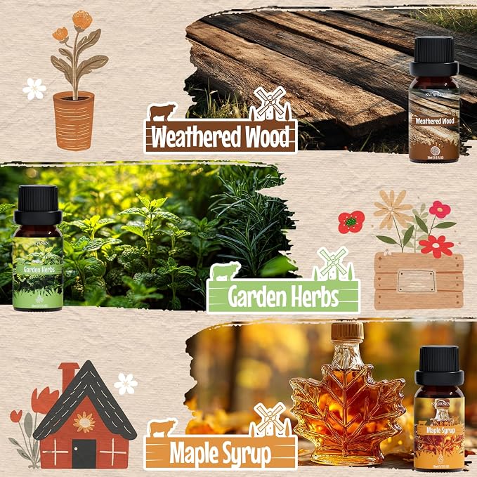 Farmhouse Essential Oils Set for Diffusers for Home, Soap & Candle Making Scents, Roasted Chestnuts,Buttery Toffee, Garden Herbs, Cozy Linen, Maple Syrup, Weathered Wood, 6x10ml