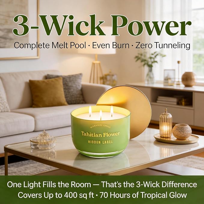 Hidden Label Tahitian Flower Scented Candles, 3 Wick Aromatherapy Soy Candle, 18oz/70-Hour Burn, Non Toxic Natural Green Candle, Luxury Home Scent & Décor Gift for Women and Men
