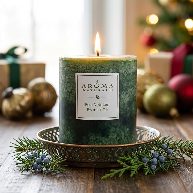 Aroma Naturals Holiday Juniper, Spruce and Basil Essential Oil Pillar Candle, Fresh Forest, 3 inch x 3.5 inch
