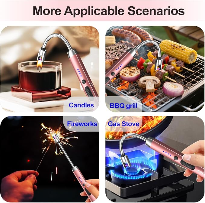 Candle Lighter, Windproof Flameless Electric lighters, Long Lighter with 360° Neck & Safety Switch, USB-C Rechageable LED Power Display Arc Lighters for Birthday BBQ Candle (Rose Gold)
