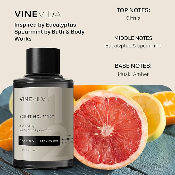 VINEVIDA [4 Fl Oz] Scent NO. 1112 Fragrance Oil for Cold Air Diffusers, Aromatic Notes of Amber Citrus Spearmint, Essential Oils for Diffuser Oil Refill & Air Freshener Room Spray