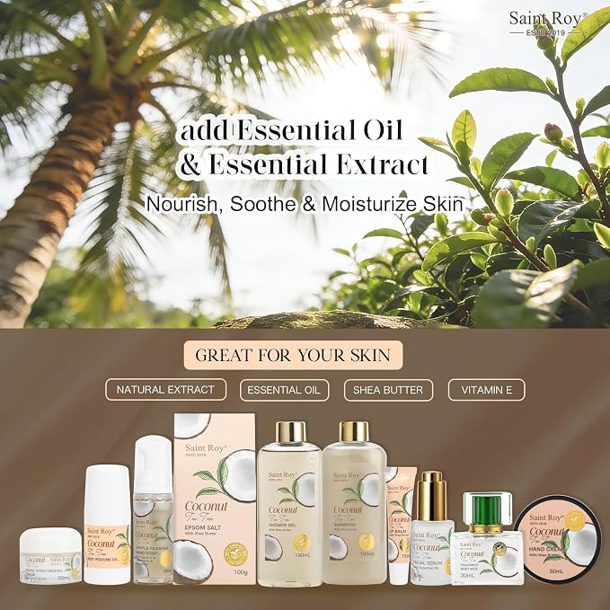 30 Pcs Bath and Body Gift Basket Set for Women & Men, TEA TREE COCONUT Face Skin Care Kit, Self-Care Gift, Pamper Kit, Foam Hand Soap, Nail Manicure Care Set, Birthday, Christmas, Mother, Husband