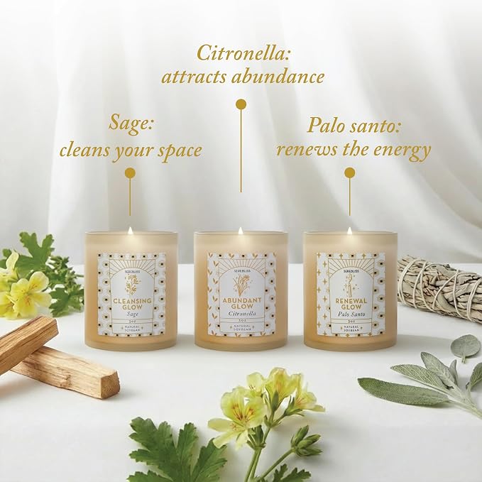 Set of 3 Energy Cleansing & Manifestation Smudge Candles - Palo Santo, White Sage, Citronella - Candle Pack for Home with 45-50 Hour Burn - Soy Wax Aromatherapy Spiritual Gift Set