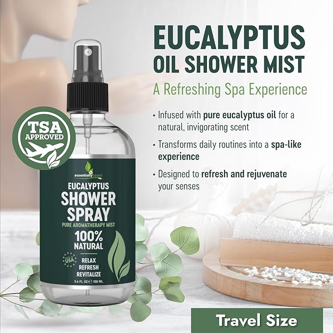Pure Eucalyptus Shower Spray Travel Size (3.4oz) - 100% Pure and Organic Oil - Eucalyptus Spray for Shower, Sauna and Spa - Steam Room Oil - TSA Approved - Travel Size (3.4oz) - Made in USA