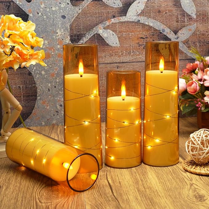 Eebuss Flameless Candles with Embedded Star String, Battery Operated LED Pillar Candles with Timer and Remote Control,Home Decorating for Ambiance， Set of 7 (Gold)