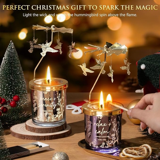 Mothers Day Gifts for Women Mom Friend Sister, Unique Birthday Gifts for Women Girlfriend Wife Daughter, Christmas Candles Hummingbird Rotating Scented Candles Set for Woman w/Crochet Flower Bouquet