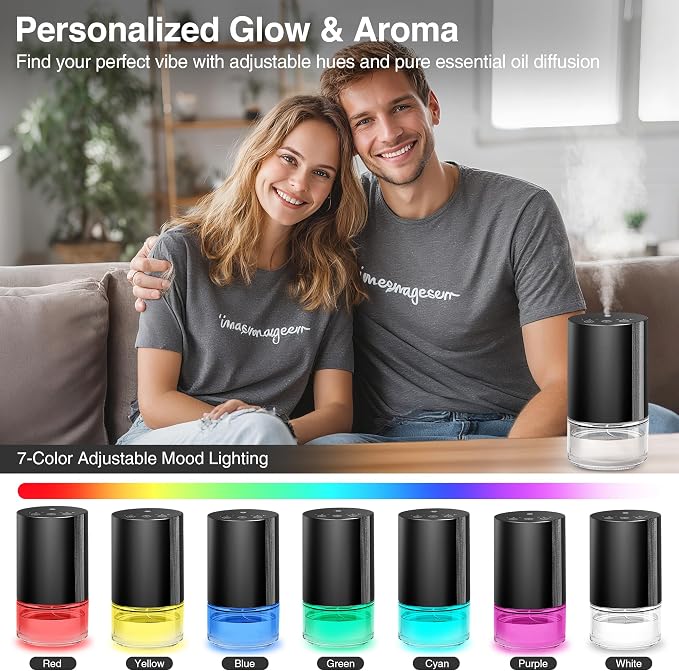Waterless Essential Oil Diffuser Stater Kit - Included 3x20mL Essential Oils, Battery Operated, Cold Air Scent Diffuser for Home, Car, Office, Portable Diffuser with 7-Color Light, 100mL, Black