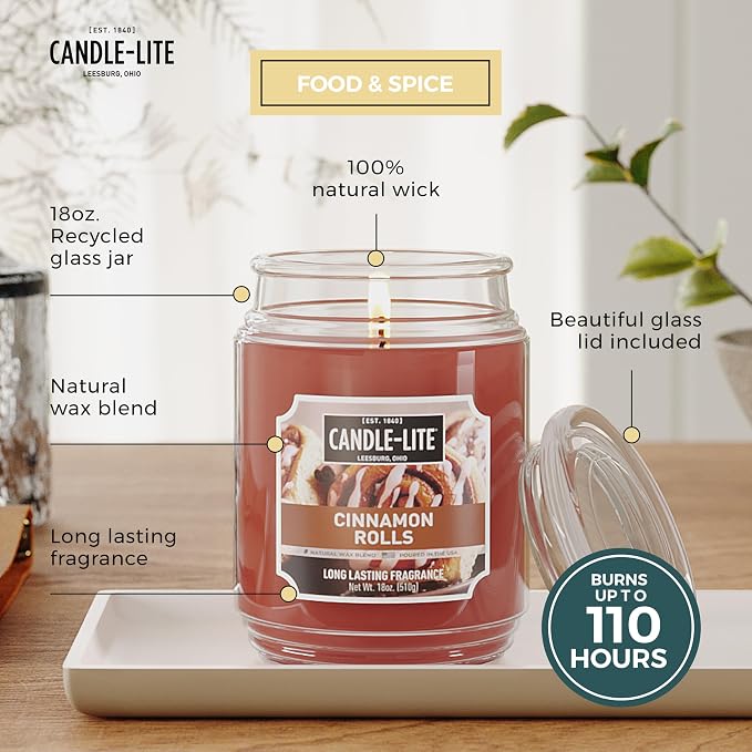 Candle-lite Fall Scented Candles, Cinnamon Rolls, 18 oz Jar, Proudly Poured in The USA, Aromatherapy Candle, Single-Wick with 110 Hours of Burn Time, Perfect for Creating an Inviting Ambiance