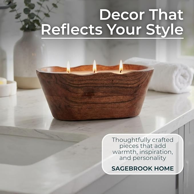 Oval Wood Bowl with Vanilla Scented Candle for Men or Women - Decorative Small Accent for Indoor and Outdoor Areas - Small Pillar or Votive Candle for Living Room, Bedroom, or Bathroom - 4", Brown
